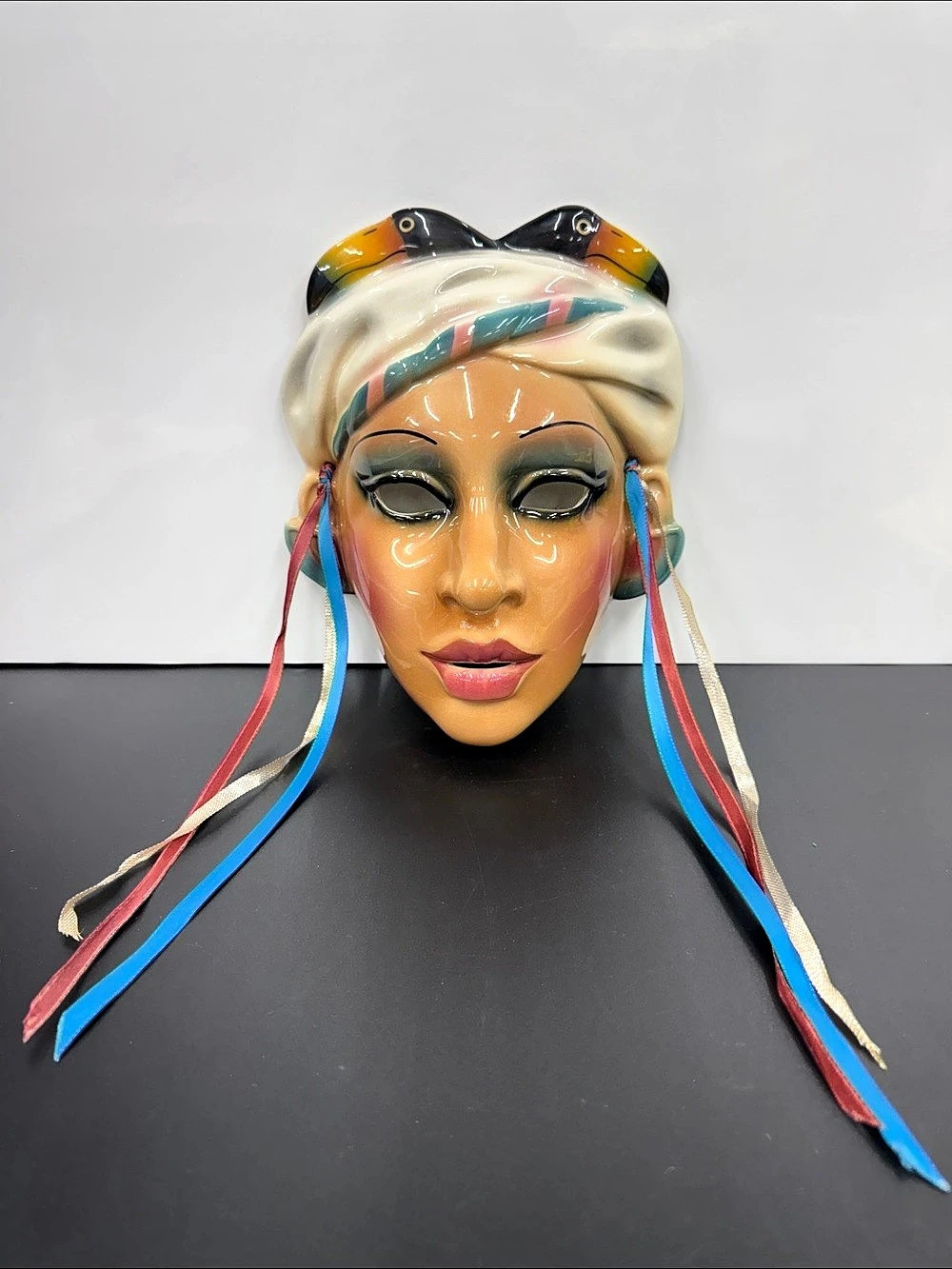 Vintage Lady Toucan Ceramic Woman Wall Mask Art Deco Tropical Bird Ribbon 1980s